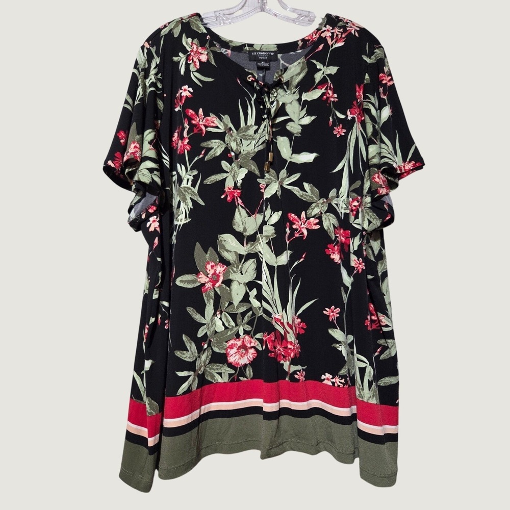 Liz Claiborne Womens 2X Blouse Black Red Green Tropical Floral Vacationwear